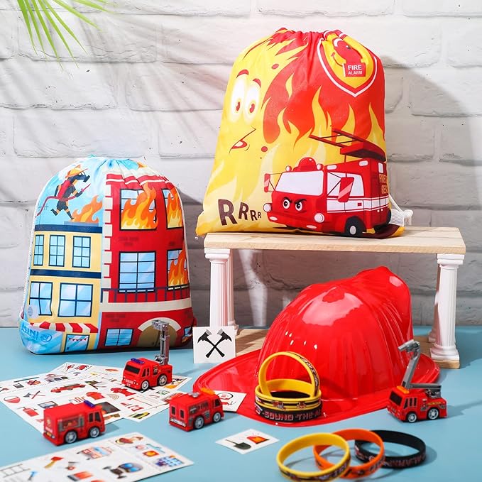 Leitee 60Pcs Firefighter Party Favors Fire Truck Birthday Party Supplies Decorations Including Fire Truck Toy Kids Boys Helmets Tattoo Wristband Drawstring Bag Silicone Bracelet for Fireman Party Gift