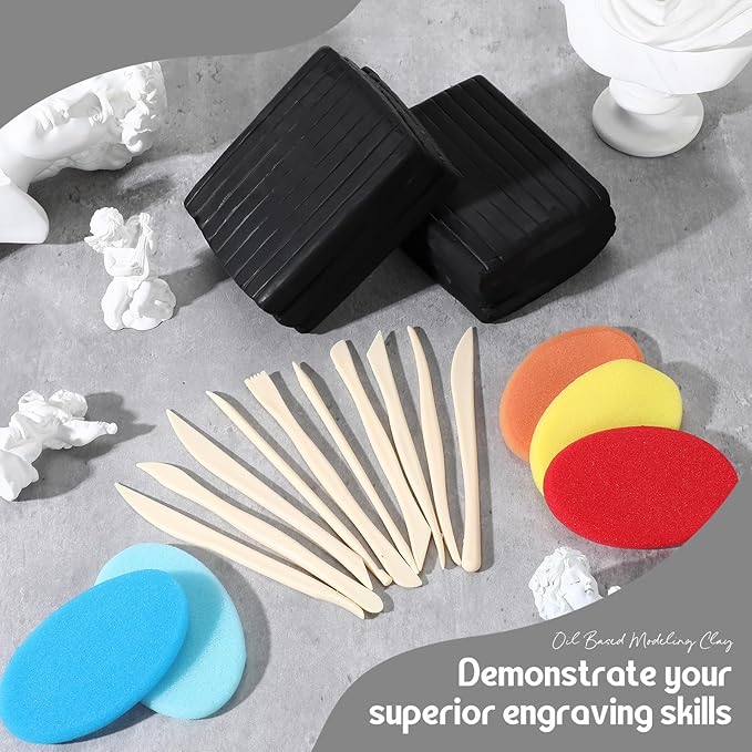 2 Pack Non Drying Oil Based Modeling Clay 4 Pounds with 15 Pcs Pottery Sculpting Tool Set Non Hardening Reusable Sculpting Clay for Craft Projects for Beginners Artist(Black)