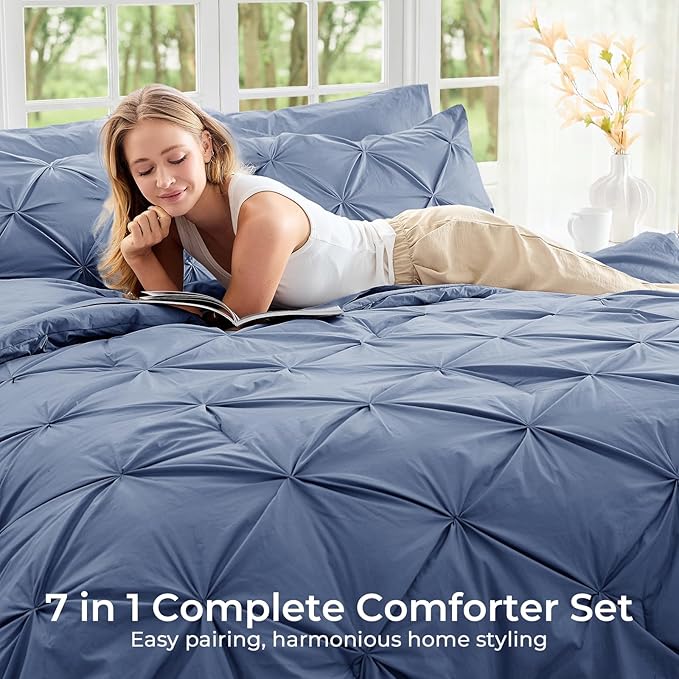 Sasttie King Size Comforter Set, 7-Piece Bed in a Bag, Pintuck Bedding Set for All Season, Includes Comforter, Flat Sheet, Fitted Sheet, Pillowcases and Pillowshams, Slate Blue