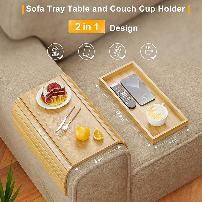 Bamboo Sofa Armrest Tray Table for Couch - 2-in-1 Couch Arm Table with Be Slide Detachable Tray- Anti-Slip Foldable Sofa Armchair Caddy for Drinks Cellphone TV Remote Snacks (Bamboo)
