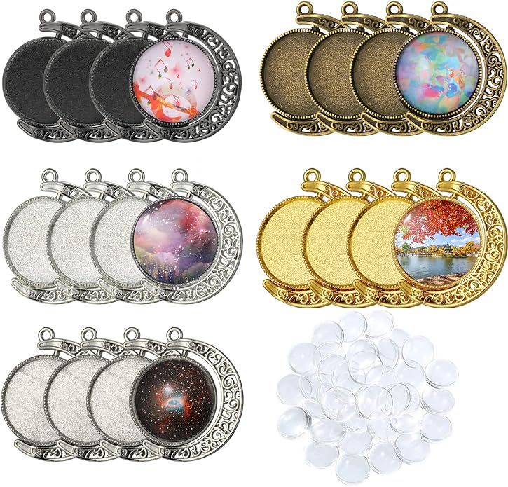 Bezel Pendant Trays Gold and Sliver, Rhinestone Bezel Pendants Trays for DIY Jewelry Craft Making, Picture Necklace Pendant Trays with Clear Glass Cabochons and Chains