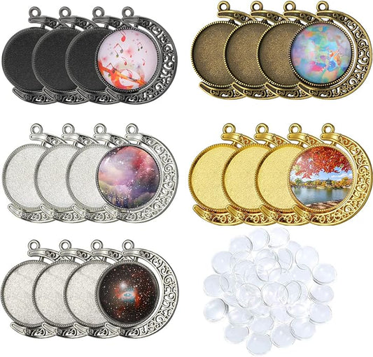 Bezel Pendant Trays Gold and Sliver, Rhinestone Bezel Pendants Trays for DIY Jewelry Craft Making, Picture Necklace Pendant Trays with Clear Glass Cabochons and Chains