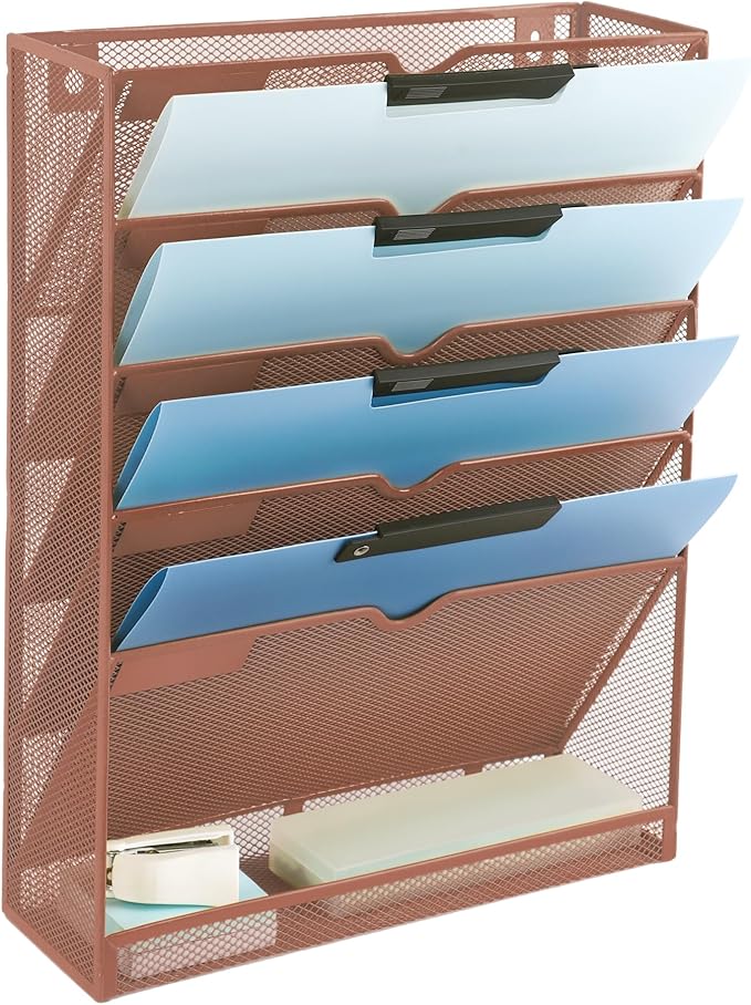 EASEPRES 6 Tier Mesh Hanging Wall File Organizer, Desk Vertical Mail Paper Document Folder Holder Rack with Bottom Tray and Nametag Label for Office Home School, Brown