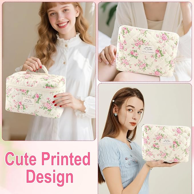 URSKYTOUS 2Pcs Cotton Quilted Makeup Bag for Women Extra Large Small Travel Cosmetic Bag Set Cute Pink Floral Print Makeup Pouch Portable Toiletry Bag Organizer Coquette Vintage Puffy Travel Essential