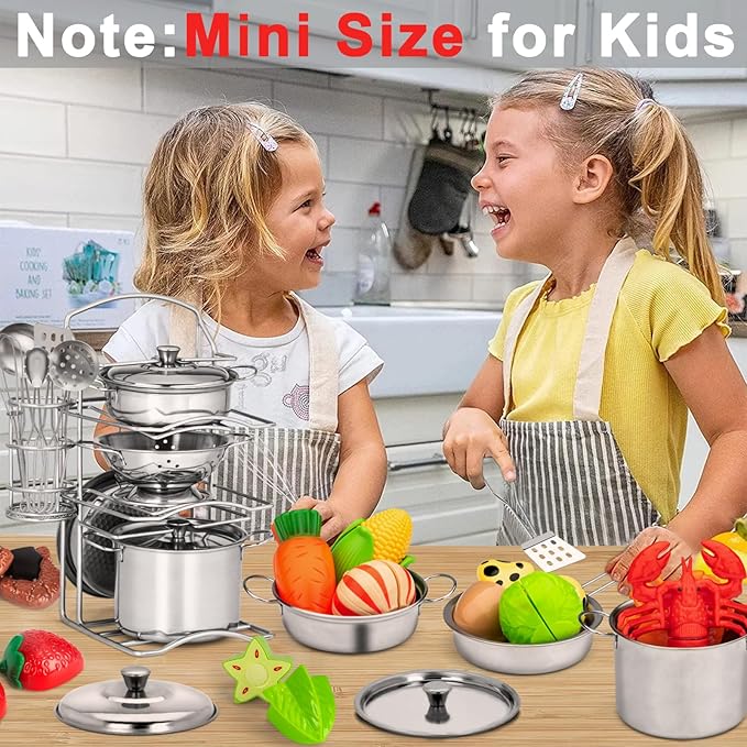 12Pcs Kids Pots and Pans Playset, Pretend Play Kitchen Set Toy Stainless Steel Pots and Pans Cooking Toys Accessories for Kids Toddler Age 3 Years Old