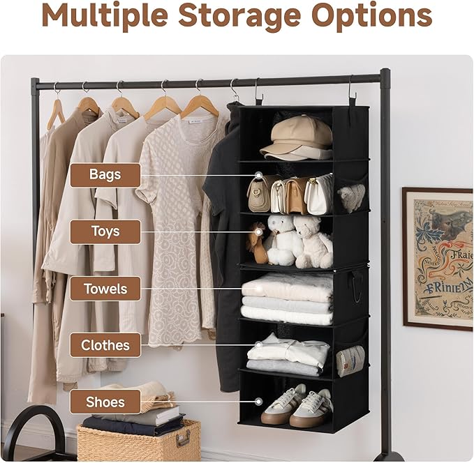 StorageWorks Hanging Closet Organizer 6-Shelf, Jumbo Separable Two 3 Shelf Closet Storage Organizer with Side Pockets, Portable Hanging Shelves for Wardrobe, RVs, 13" D x 15" W x 48 ¼"H, Black