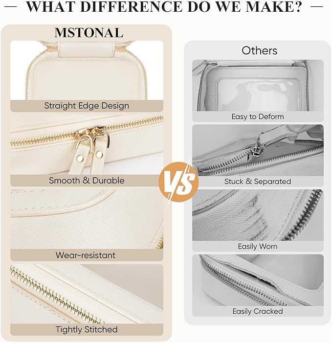 MSTONAL Clear Makeup Bag, Travel Toiletry Bag Cosmetic Case for Women, Waterproof Portable Small Make Up Skincare Pouch with Zipper, Compact Car Organizer Bag for Essentials, Mini Size, Beige