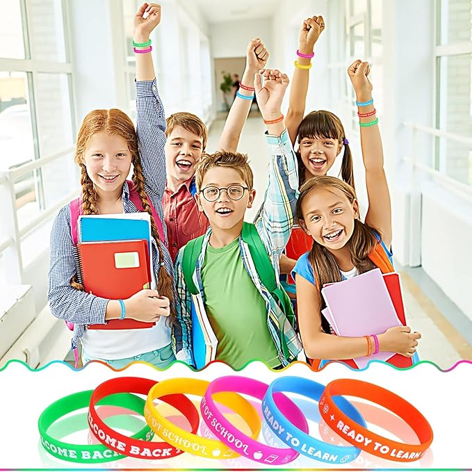 JUNEBRUSHS 42pcs Back to School Party Favors Silicone Bracelets First Day of School Gifts Prize Rubber Wristbands Supplies for School Decorations Accessories Goodie Stuffers Fillers(6 Designs)