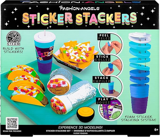 Fashion Angels Tacos and Burritos Sticker Stackers, Foam Sticker Stacking Set with 3D Modeling, Includes Play & Pretend Food Stackable Stickers, Craft Activity Kit for Kids