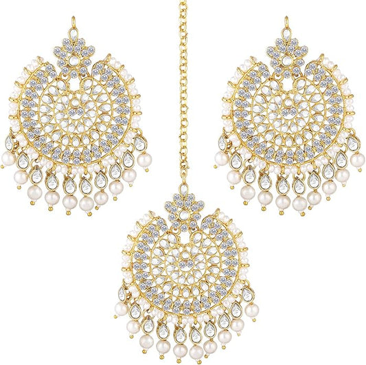 Aheli Ethnic Faux Kundan Drop Pearl Beads Dangle Earrings Maang Tikka Set Bollyood Fashion Jewelry for Women & Girls