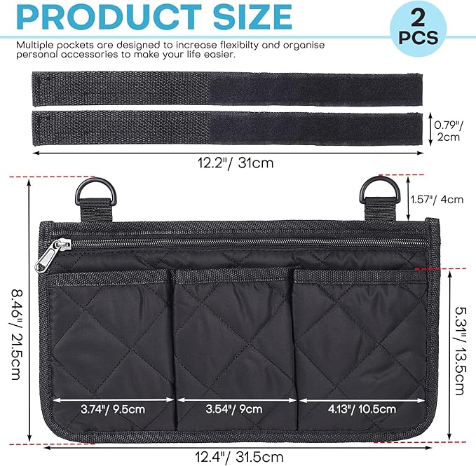 Noverlife 2 Pack Lengthened Wheelchair Side Organizer Bags, Detachable Band Wheelchair Armrest Storage Pouch for Walker, Rollator Bag Wheelchair Pouch Side Pocket Storage Bag for Electric Wheelchairs