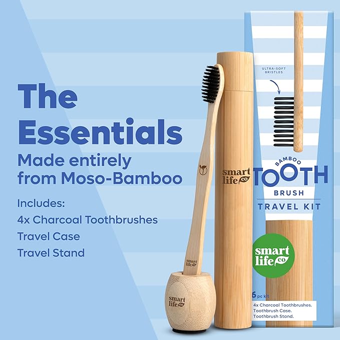 Bamboo Charcoal Toothbrushes (4 Pack) with Travel Case & Stand - Extra Soft Bristles for Adults & Kids Teeth | Zero Waste Travel Toothbrush Kit | Natural Eco-Friendly Wooden Brush Holder Cover