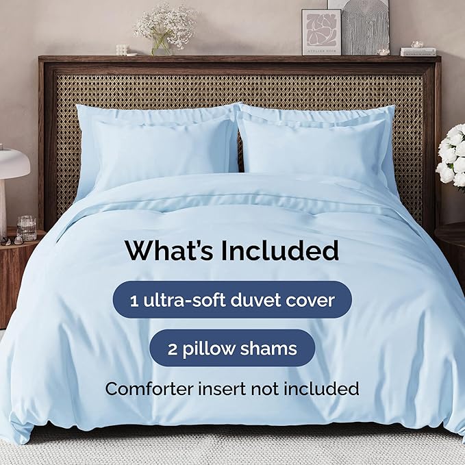Duvet Cover King Size Set - Extra Soft King Size Duvet Cover 104 x 90 with 2 Pillow Shams - Hotel Luxury Easy Care and Fade Free w/Zipper Closures & Ties - Comfy Breathable Bedding Set (Light Blue)
