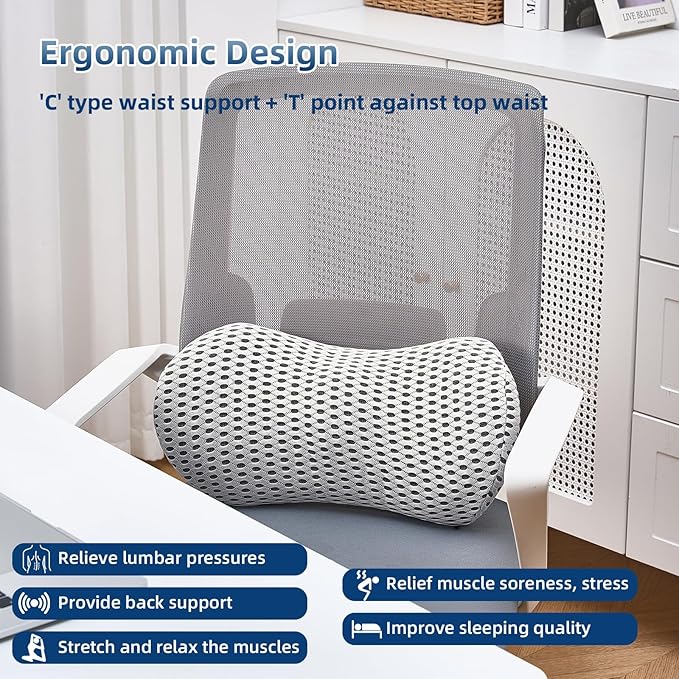Lumbar Pillow, Memory Foam Lumbar Support Pillow for Office Chair and Car Seat, Ergonomic Streamline Back Pillow for Lower Back Pain Relief, Back Support Pillow for Sitting, Driving, Traveling