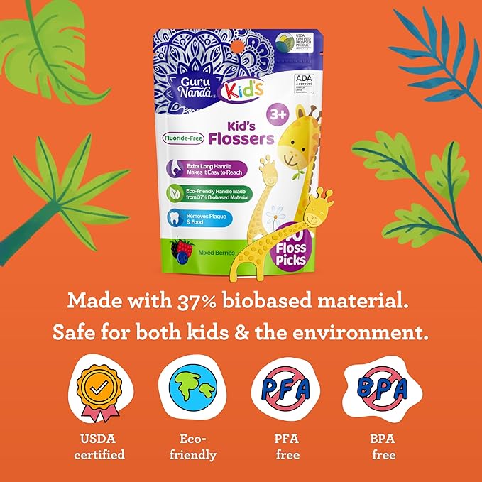 GuruNanda Dental Floss Picks for Kids, Extra-Long Giraffe-Shaped Picks, Fluoride-Free, Anti-Slip & Shred-Resistant Design & Eco-Friendly Handle & Berry Flavor, Ideal for Ages 3+, 40 Count (Pack of 1)