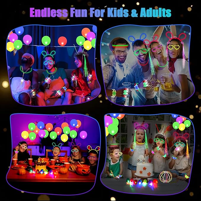 312PCS Glow in the Dark Party Supplies, Light Up Party Favors with 40 finger lights, LED Neon balloons, LED Whistle, 100 Glow Sticks Bulk DIY Glow Necklaces Glasses, Neon Party Supplies & Decorations