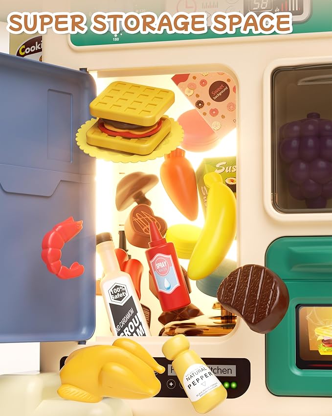 49Pcs Kitchen Playset for Boys & Girls, Kid Play Kitchen with Realistic Lights & Sounds, Spray Sink Toy Kitchen Accessories, Pretend Food Toys Kitchen for Toddlers(Green)