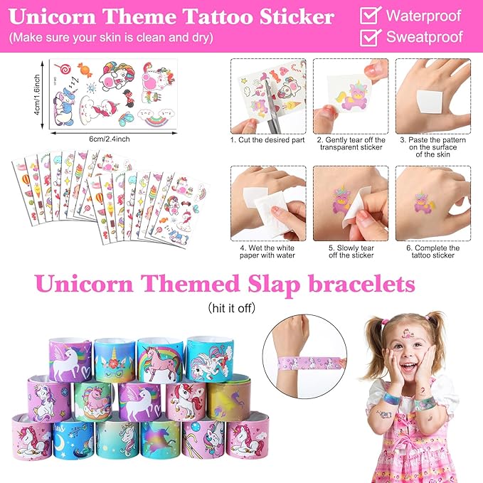 Hungdao 178 Pcs Unicorn Birthday Party Favors for 16 Kids with Keychain Sticker Stamp Ring Slap Bracelet Tattoo Sticker Gift Bag Tag for Unicorn Girl Party Carnival Gift Fillers
