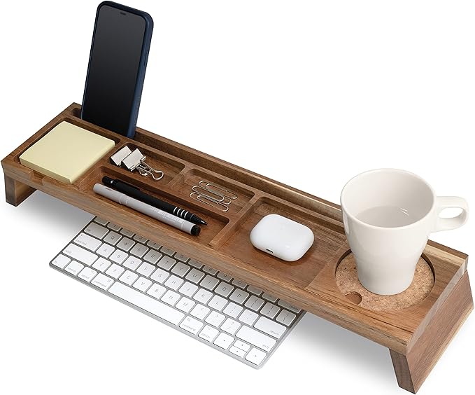 Natural Wood Desk Organizer - Multi-Compartment Wooden Organizers for Home, Office, Cubicle Accessories - Table Caddy for Desktop and Workspace - Pencil Storage Tray