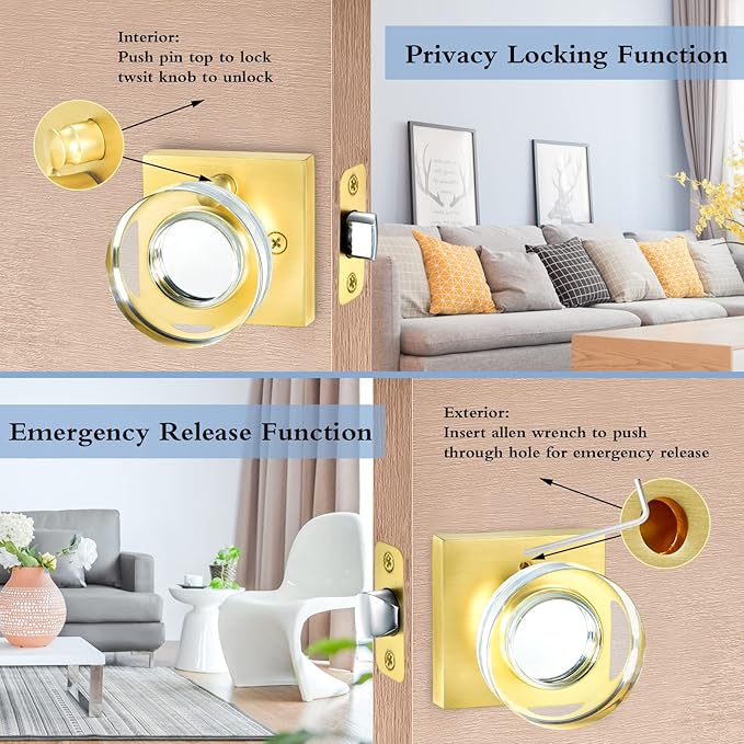 Coolnews Gold Glass Door Knobs with Lock - Satin Brass Modern Crystal Interior for Bedroom and Bathroom