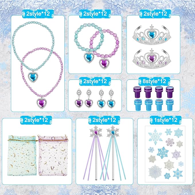 Cholemy 12 Sets Snowflake Wand and Crown Princess Goodie Bags Stuffers Fillers Blue Purple Snowflakes Birthday Supplies with Bracelet Necklace Earrings Rings Tattoo Stamp Silver Heart Jewelry
