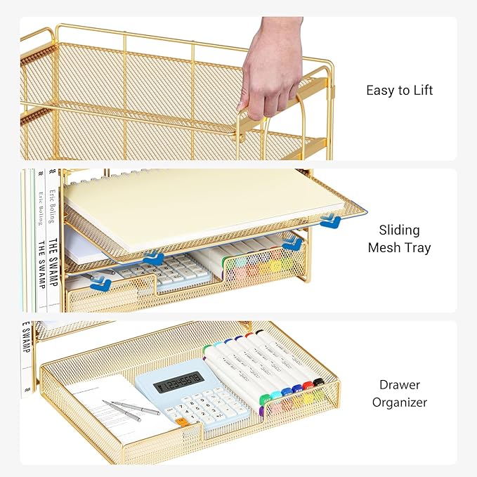 OPNICE Desk Organizer, 4-Tier Desktop File Organizer with Drawer and 2 Pen Holders, Office Desk Accessories, File Sorters, Workspace Organizers for Office Supplies(Gold)