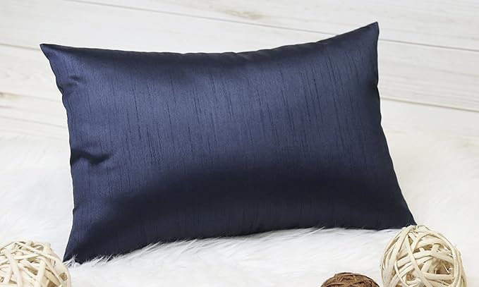 Aiking Home 12x18 Inches Faux Silk Rectangular Throw Pillow Cover, Zipper Closure, Navy (Set of 2)
