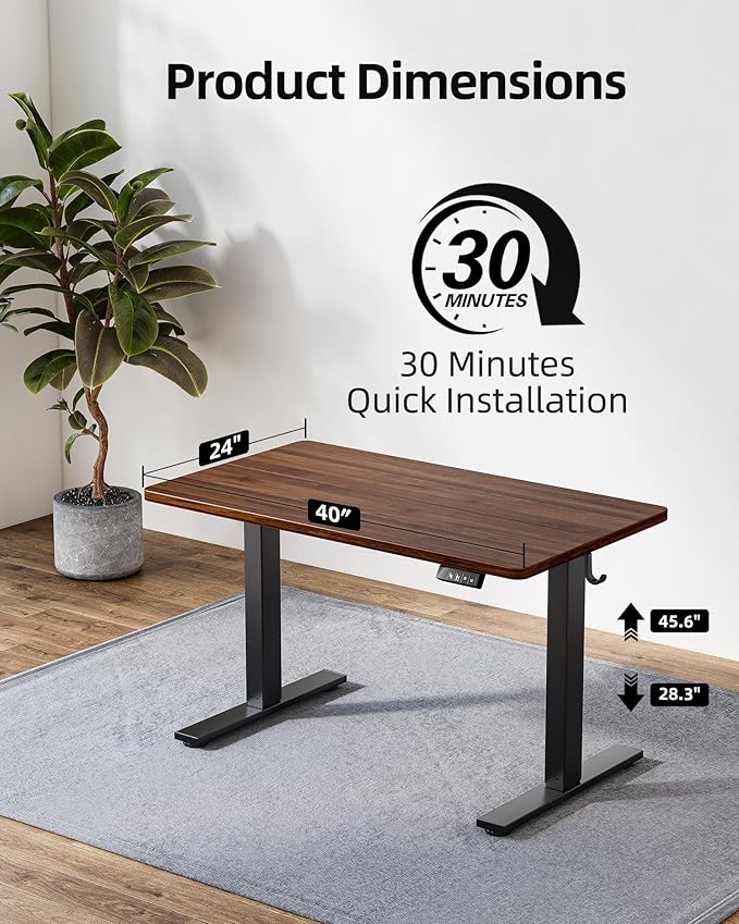 TIQLAB Height Adjustable Electric Standing Desk, 40 x 24 inch, Sit Stand Up Desk, Splice Board, Computer Home Office Desk, Black Walnut Top