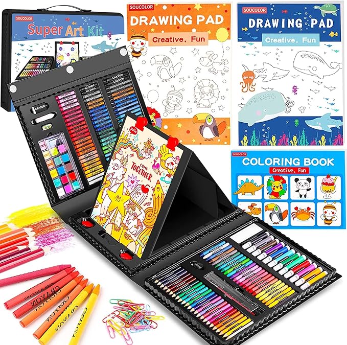 Soucolor Art Supplies, 283 Pieces Drawing Set Art Kits with Trifold Easel, 2 Drawing Pads, 1 Coloring Book, Crayons, Pastels, Arts and Crafts Gifts Case