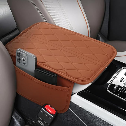 frani Car Center Console Cover,Leather Car Armrest Cover with 2 Storage Bags,Universal Car Arm Rest Cover,Car Interior Accessories Protector for Most Vehicle Camel Brown