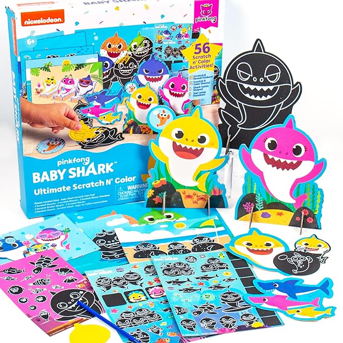 Horizon Group USA Baby Shark Ultimate Scratch ‘N Color Set, 56 Scratch Art Activities, Including Stickers, 3D Shapes & More, Scratch Art for Kids