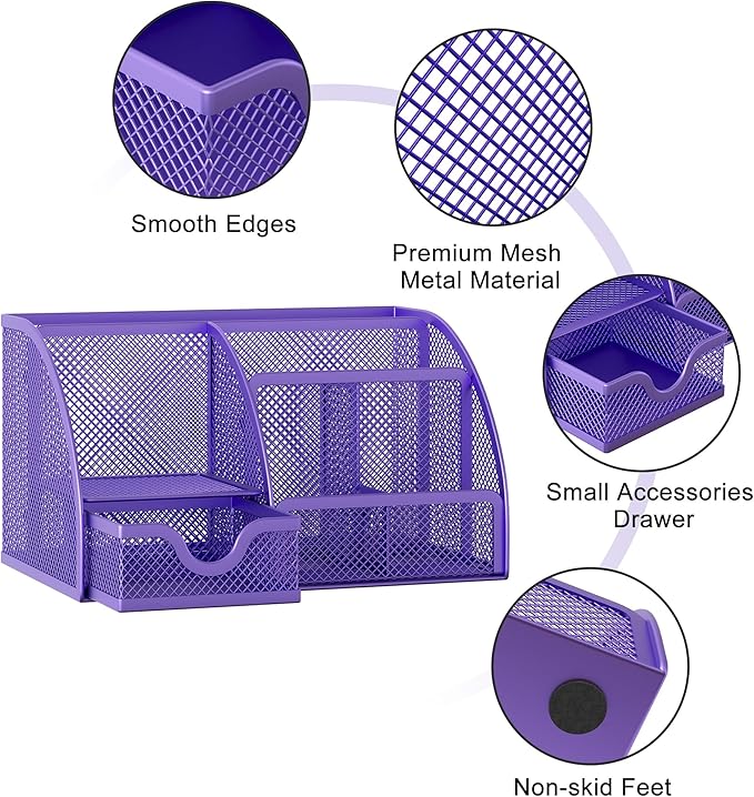 EasyPAG Mesh Desk Organizer with Drawer Multi-functional Pen Holder Stationery Organizer for Office School Supplies 6 Compartments Dorm Organizers and Storage for Desk, Purple