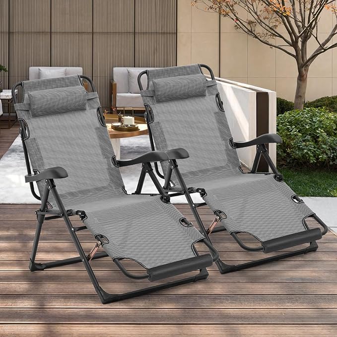 Athena Collection Zero Gravity Outdoor Lounge Chair Recliner Set of 2, 27" Width Reclining Pool Lounge Lawn Chairs with Headrest Foot Pad, Outdoor Chaise for Beach Patio Backyard Outside, Grey