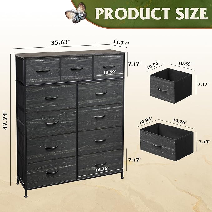 WLIVE Tall Dresser for Bedroom, Fabric Dressers Storage Tower, Dresser & Chest of Drawers with 11 Drawers, Storage Cabinet, Hallway, Closets, Steel Frame, Wood TopCharcoal Black Wood Grain Print