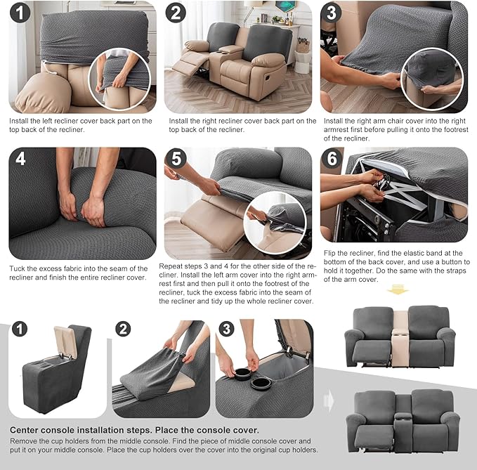 Genina Recliner Loveseat Cover Stretch Couch Covers Sofa slipcover for 2 Seat Reclining Couch Thick Jacquard Furniture Protector (Light Grey)