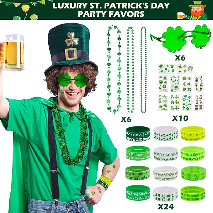 Homgaty 109 Pack St. Patricks Day Party Favors Set, Green Shamrock Glasses Beaded Necklace Bracelets Tattoos Stickers for St Patricks Day Irish Festival Decorations Supplies