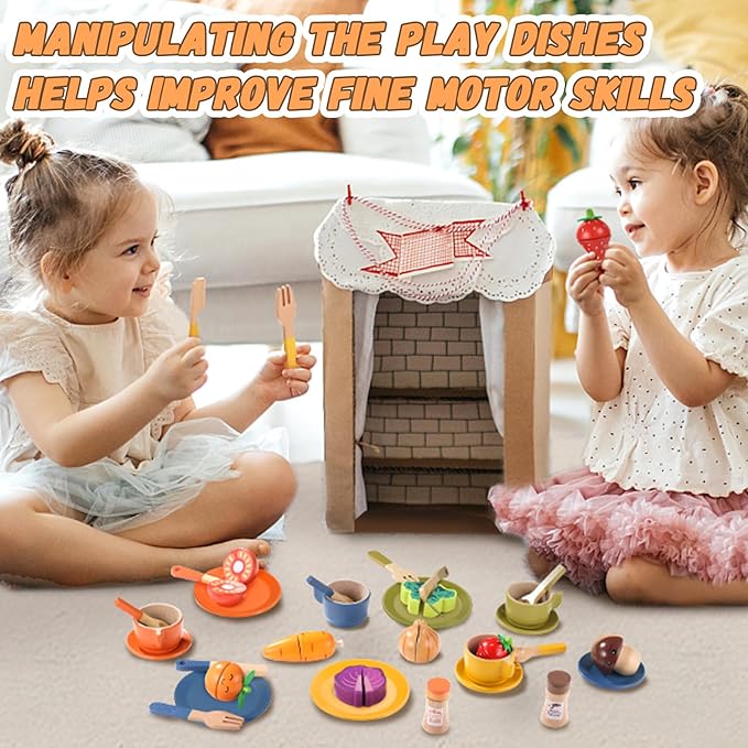 GAGAKU Wooden Play Food Sets for Kids Kitchen,Montessori Wooden Play Food Toys Play Plates and Dishes for Kids Wooden Play Kitchen Accessories Play Dishes for Toddler Boys Girls Gifts