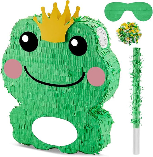 Lewtemi 15'' x 12'' x 3'' Frog Piñata Set Frog Birthday Decorations Include Large Piñata, Stick, Blindfold and Confetti for Kids Frog Party Decorations Favors Supplies Outdoor Games