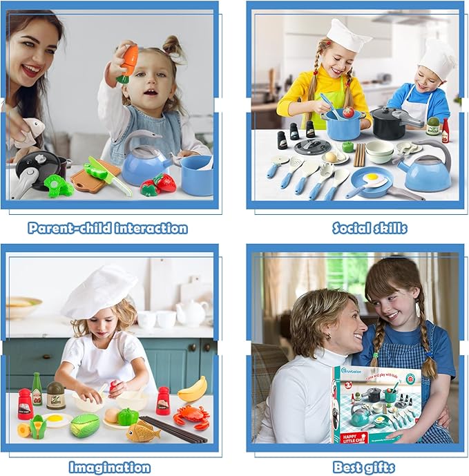 Bruvoalon 67Pcs Kids Play Kitchen Toys Set, Toddlers Pretend Cooking Playset Acccessories with Pots Pans, Utensils Cookware, Foods, Canned Veges, Learning Gift for Kids Girls Boys (Blue)