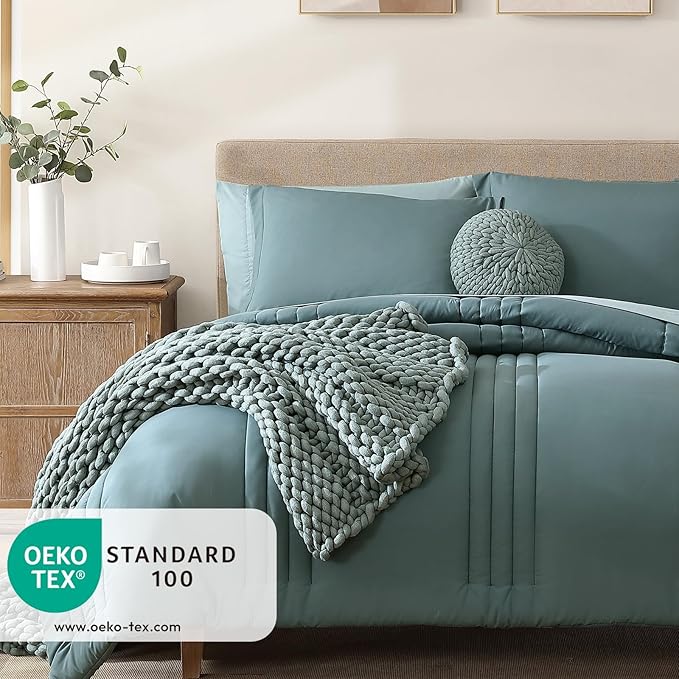 Monbix California King Size Comforter Set - 7 Pieces Bed in a Bag California King, Blue Green Bedding Sets, All Seasons Comforter Bed Set with Sheets, Pillowcases & Shams