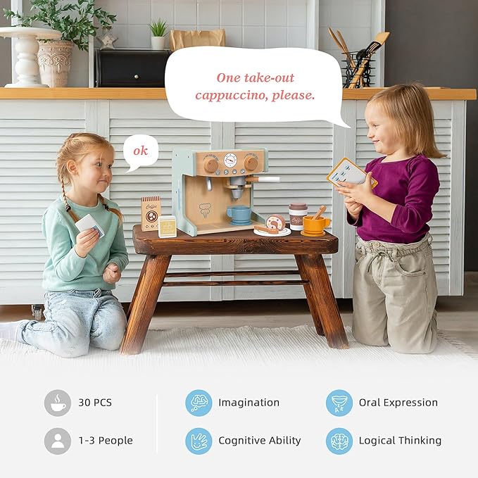 2-in-1 Kids Wooden Toy Coffee Maker Playset, Toddler Pretend Play Kitchen Food Small Coffee Shop with 28 Pcs Play Kitchen Accessories for Girls & Boys