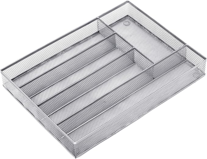 Neudeco Silverware Drawer Organizer Holder, Cutlery Tray Silverware Flatware Storage Divider for Kitchen, Bedroom, Living Room,Mesh Wire with Non-slip foam Feet, 5 Compoment（ Silver）