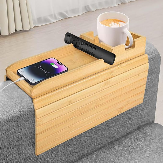 Foldable Bamboo Couch Arm Tray with Cup Holder - Anti-Slip Sofa Armrest Organizer for Drinks, Snacks, Remotes, Phones & More - Eco-Friendly Home Decor Gift (Bamboo)