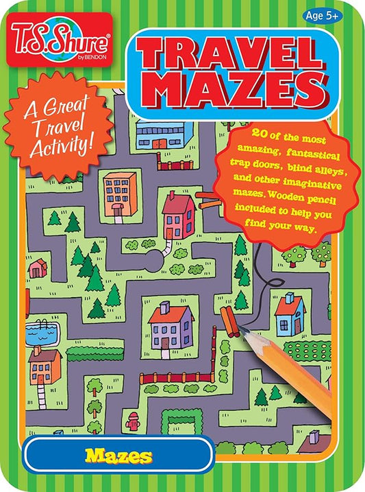 Bendon TS Shure Travel Games Mazes Mini Activity Tin with 20 Illustrated Activity Sheets and Pencil and Tin 50438