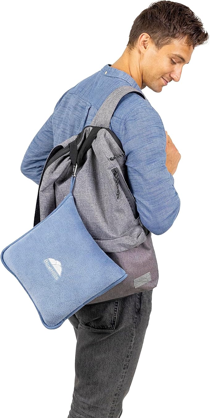 BlueHills Premium Soft Long Travel Blanket Pillow for Tall Airplane Flight Essentials Large Compact 2 in 1 Airline Throw Packable Warm Plane Traveling Comfort Accessories Grayish Blue T056