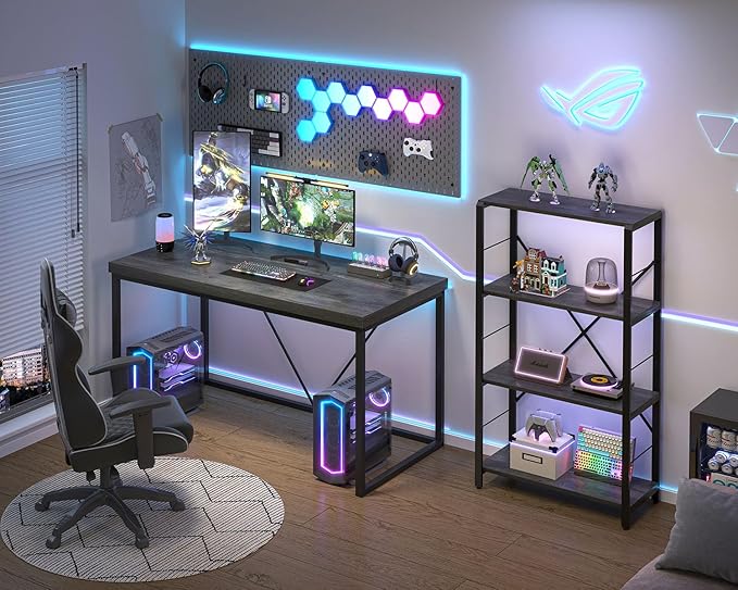 EXCEFUR Modern Computer Desk, Small Home Office Desk, Wood and Metal Writing Study Table Workstation for Bedroom Living Room, Rustic Grey, 47 inch