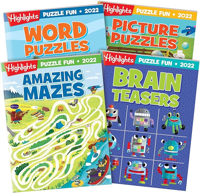 Highlights Puzzle Fun 2022 Puzzle Books for Kids Ages 6 and Up, 4-Book Set of Brain Teasers, Mazes, Word Puzzles and More Travel-Friendly Screen Free Brain-Boosting Activities