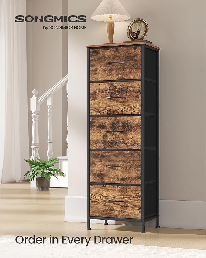 SONGMICS Dresser for Bedroom, Chest of Drawers, Steel, MDF, 5 Non-Woven Fabric Drawers, Storage Organizer Unit, Closet, Entryway, Rustic Brown and Ink Black ULGS315B02S