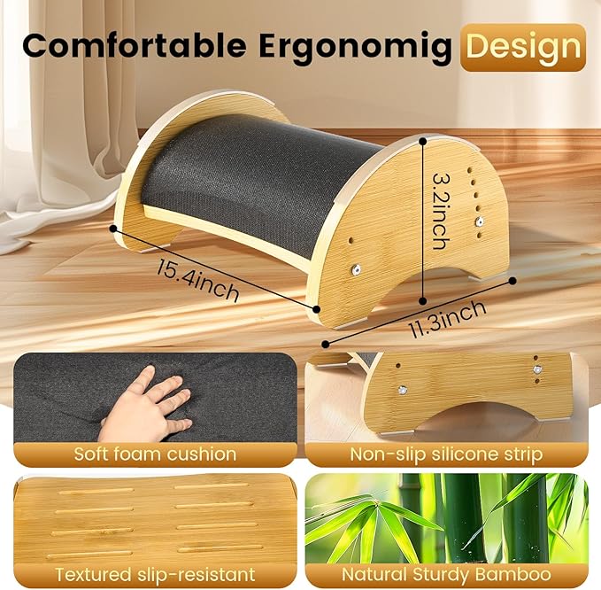 Bamboo Ergonomic Footrest Under Desk, Adjustable Rocking Foot Rest with Cushion, 6 Height Levels, Non-Slip Wooden Foot Rest for Office & Home Work