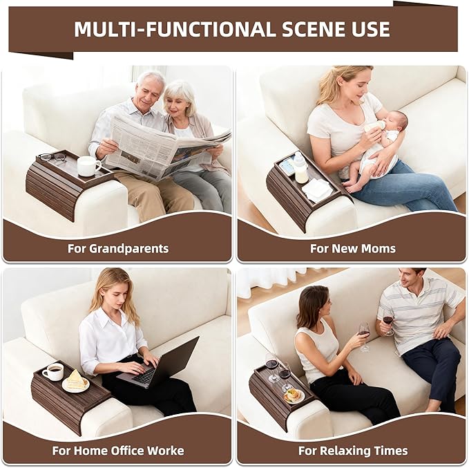 Couch Arm Tray, Anti-Falling Bamboo Sofa Armrest Tray Table, Foldable & Portable Armrest Cup Holder Side Table for Drinks, Coffee, Phone, Snacks, Remote